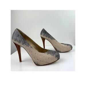 Stuart Weitzman Rowin Snake Leather Platform Wood Heel Pumps Round Toe Size 9.5